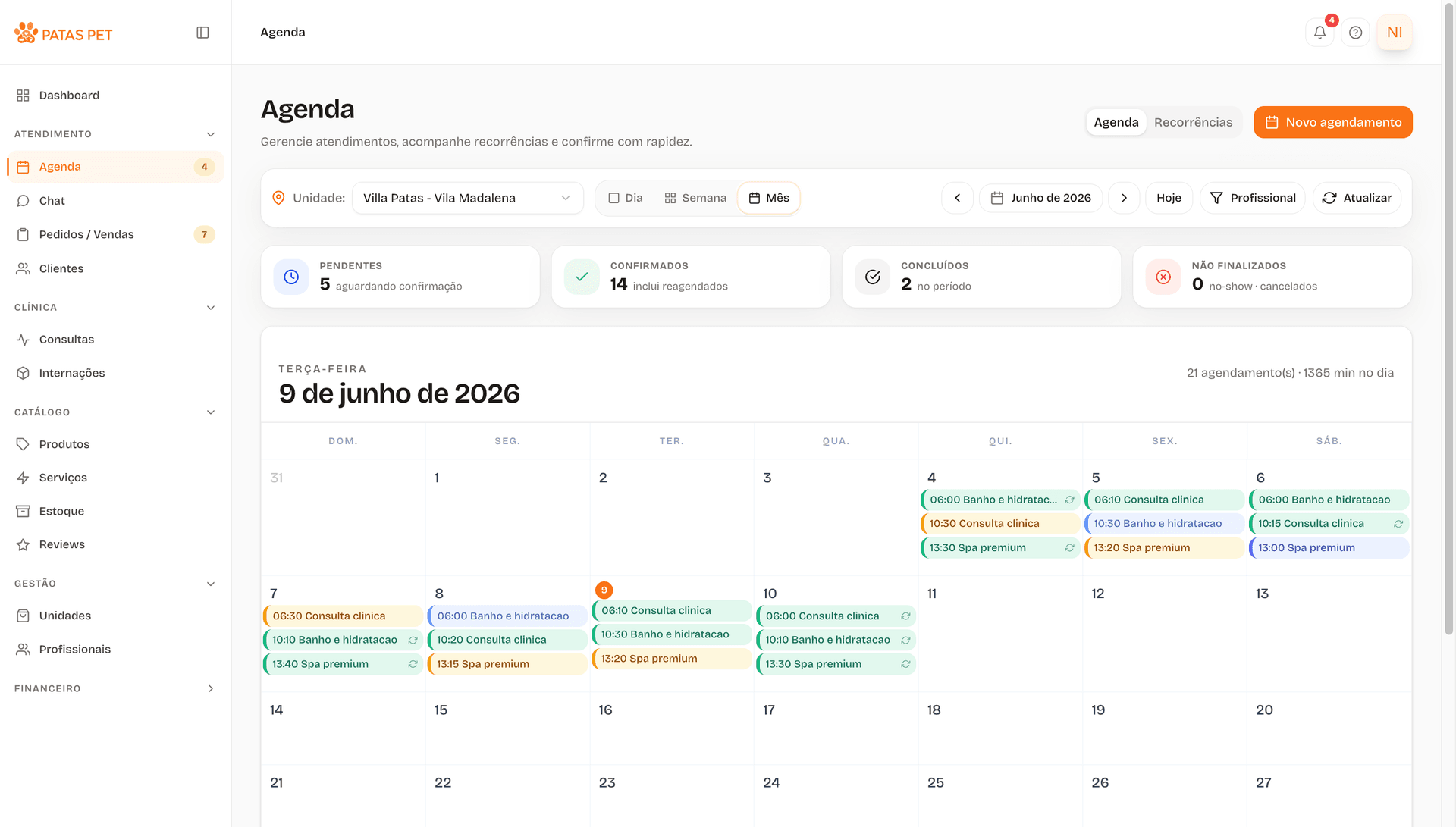 Calendário da agenda por dia e por profissional
