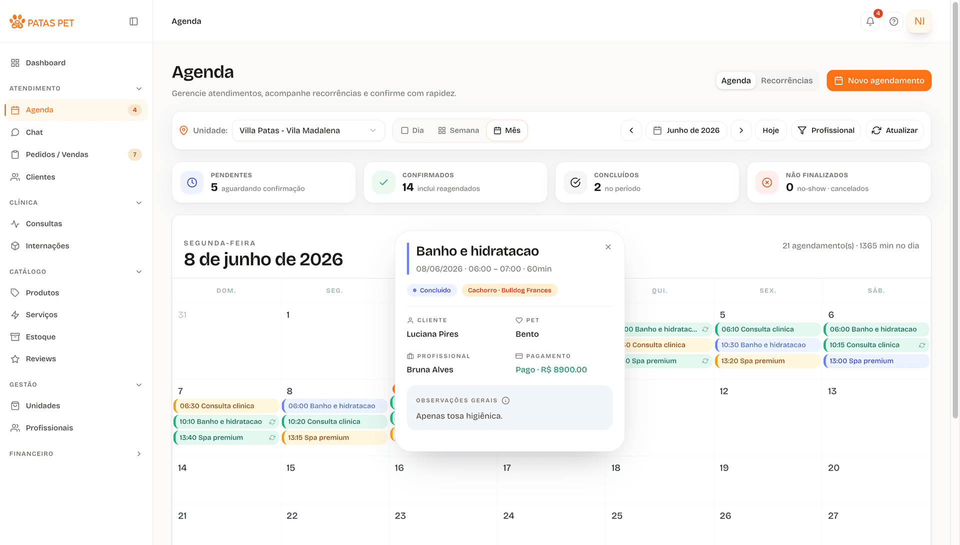 Detalhe do agendamento com pet, tutor, serviço e status