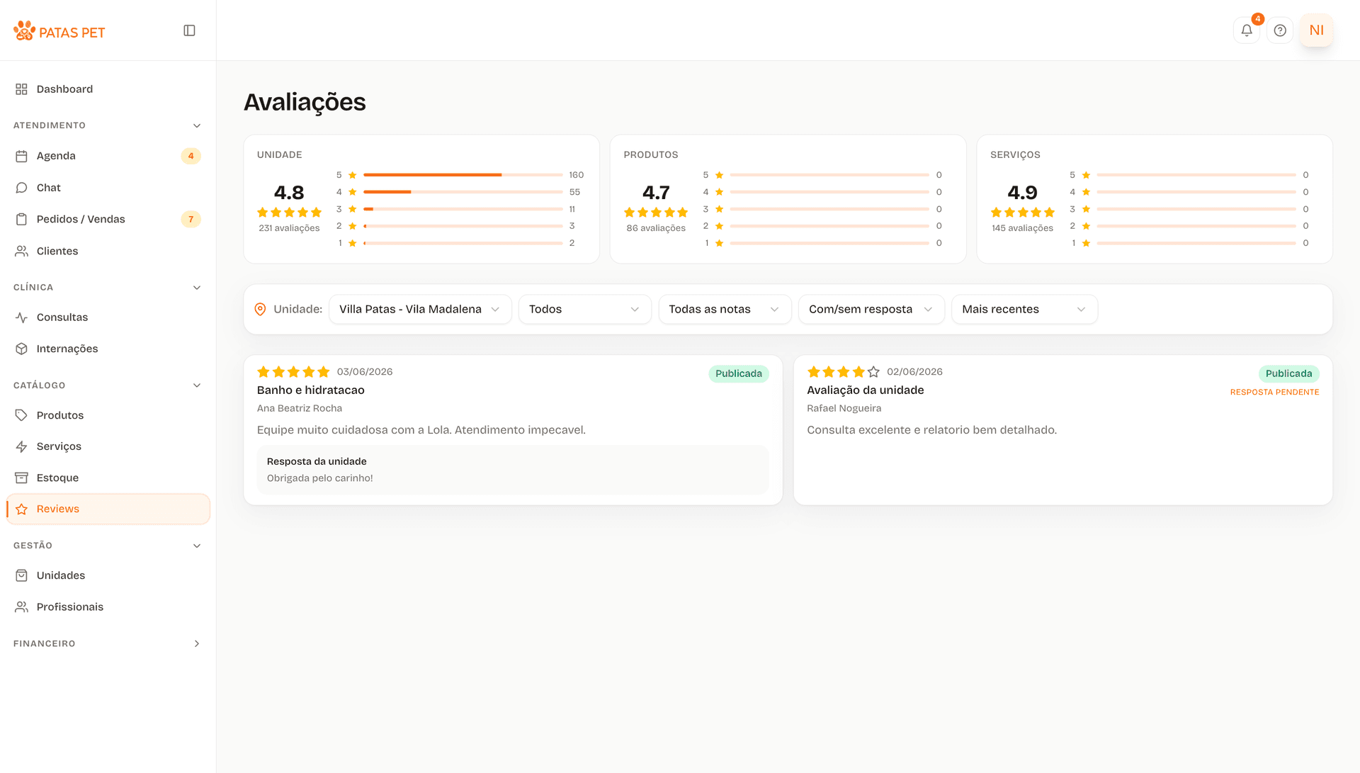 Feed de avaliações de produtos, serviços e unidades
