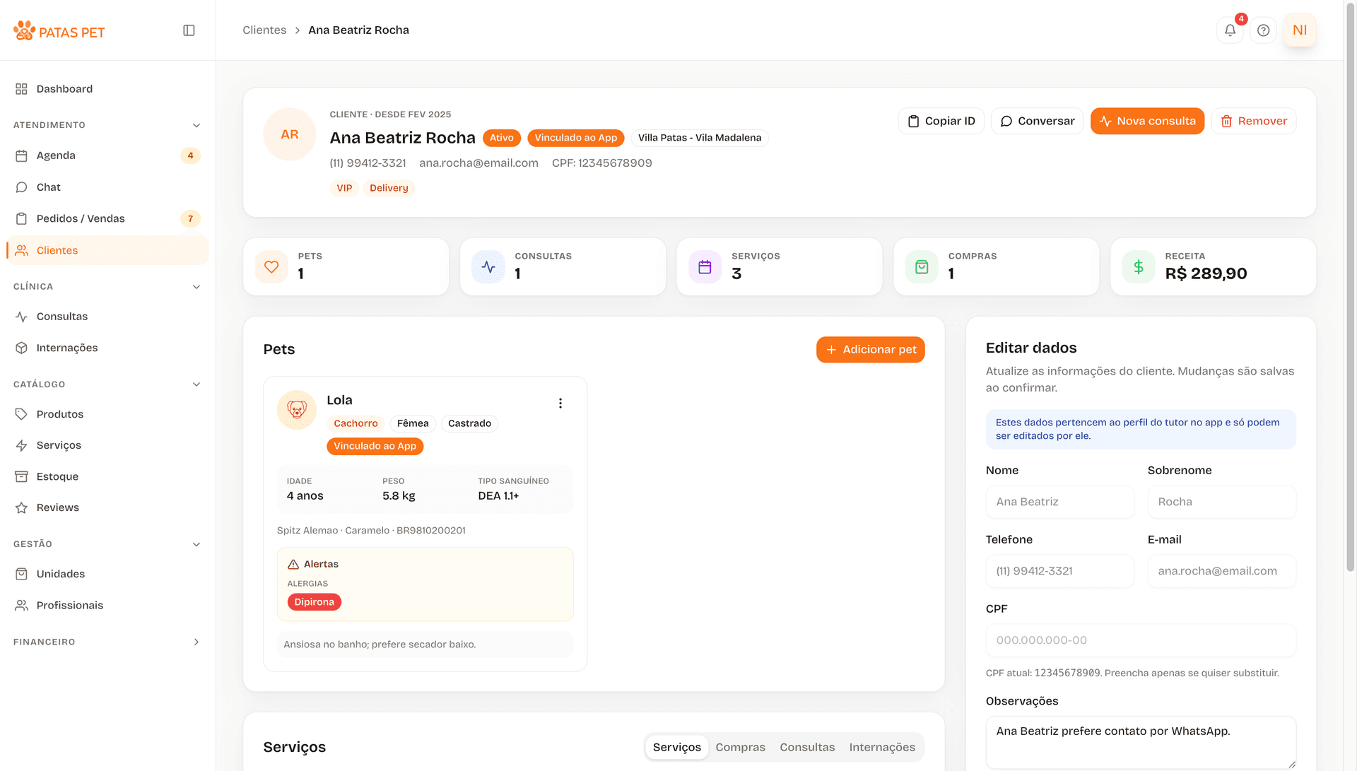Ficha do tutor com histórico e pets vinculados
