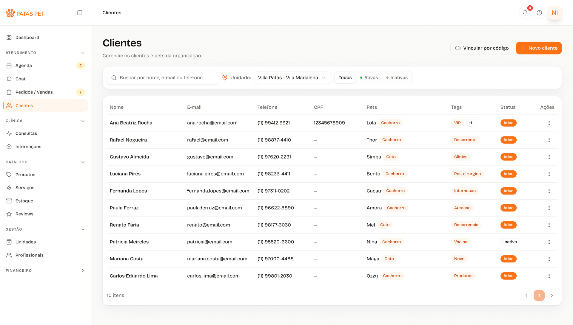 Lista de clientes com tutor, pets e contexto de atendimento