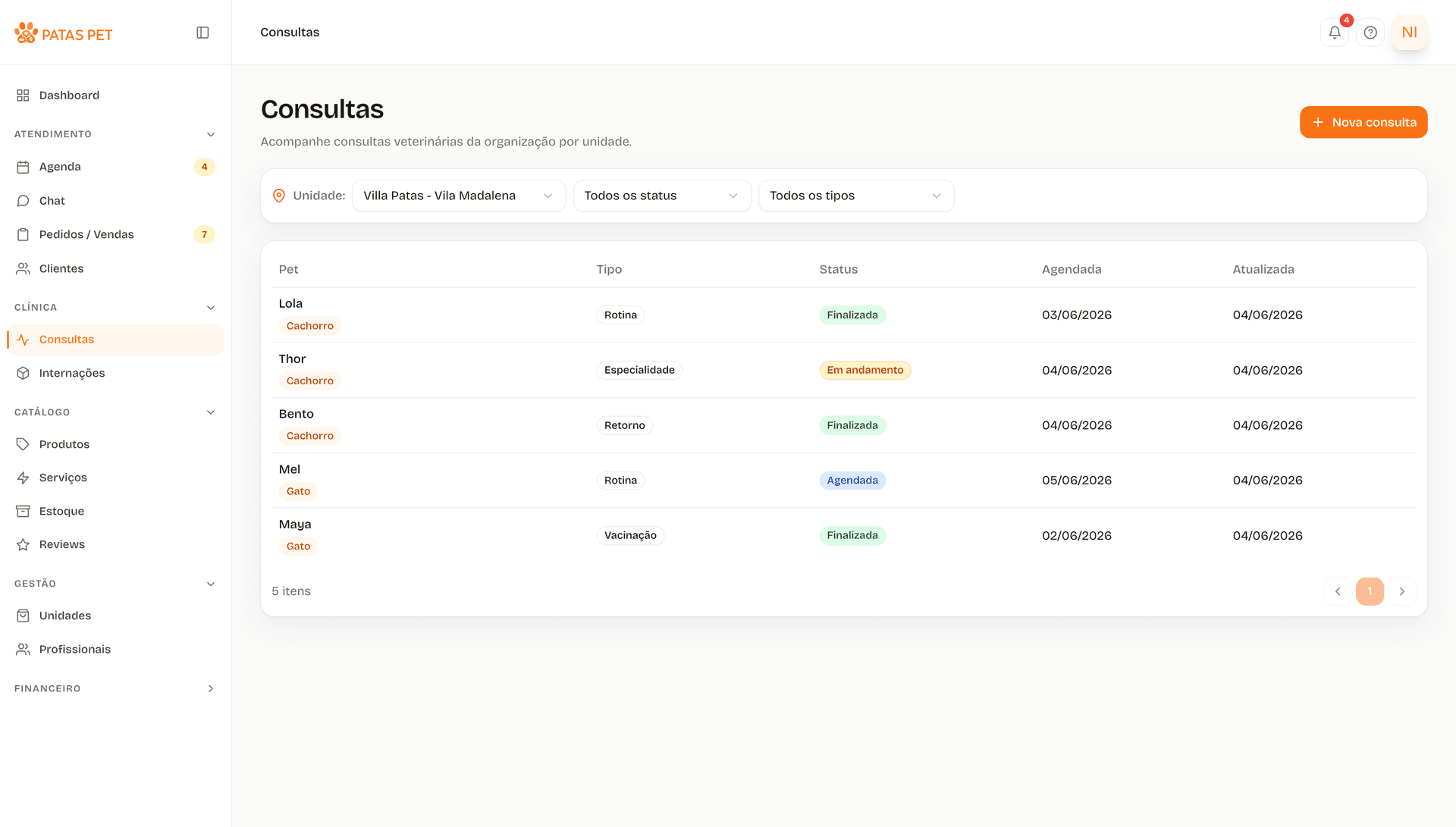 Lista de consultas com profissional e status