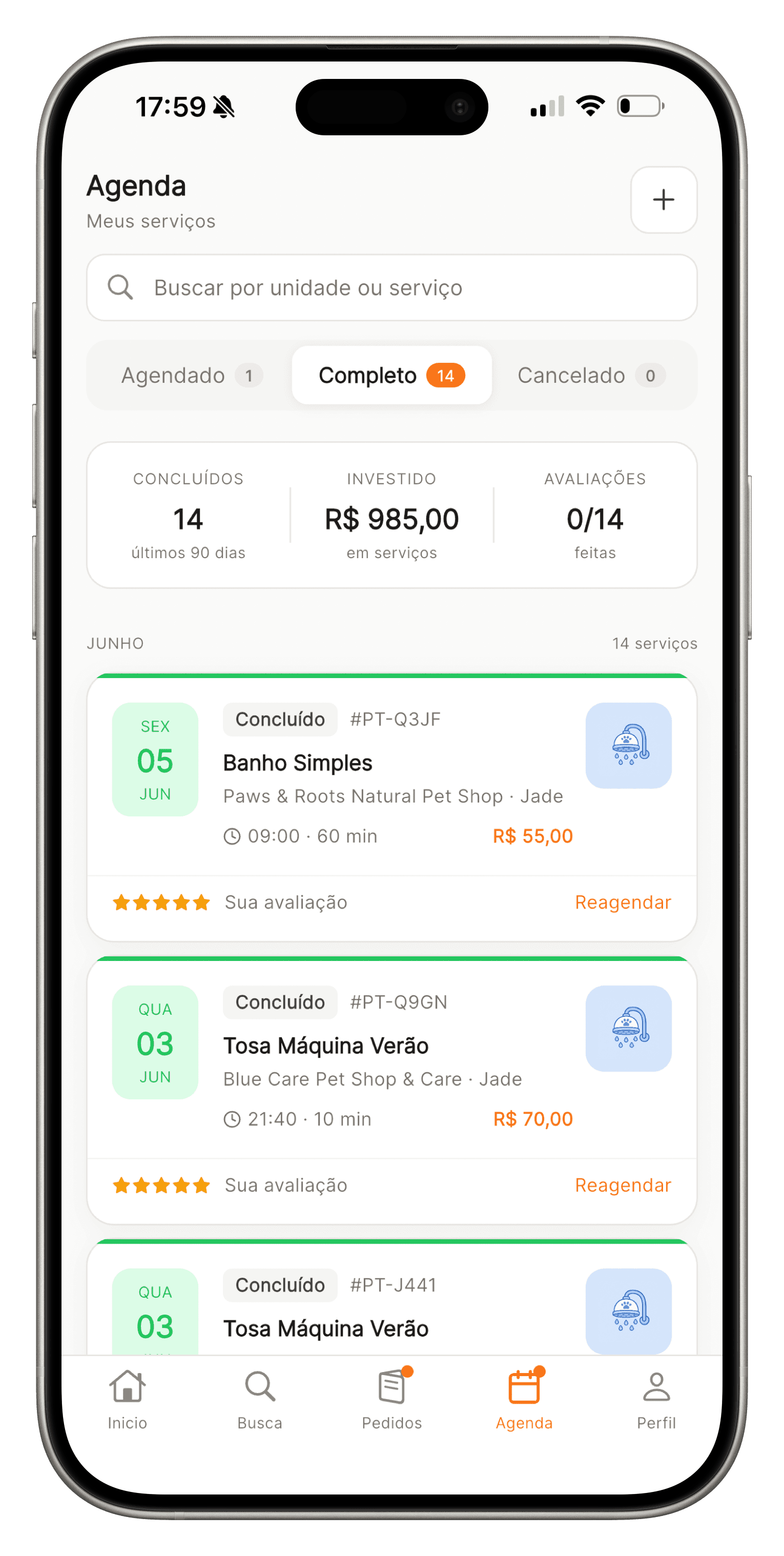 Tela de agenda do app com serviços agendados, confirmados e horários
