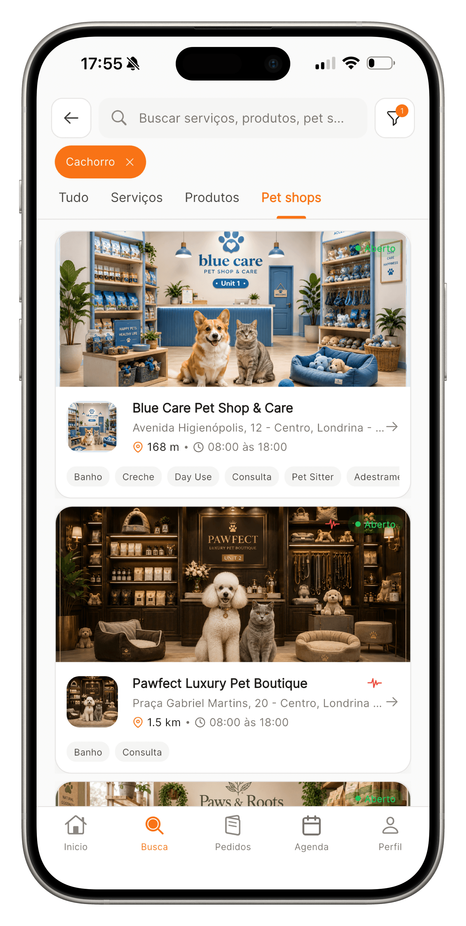 Tela de busca do app com pet shops e clínicas próximos ao tutor