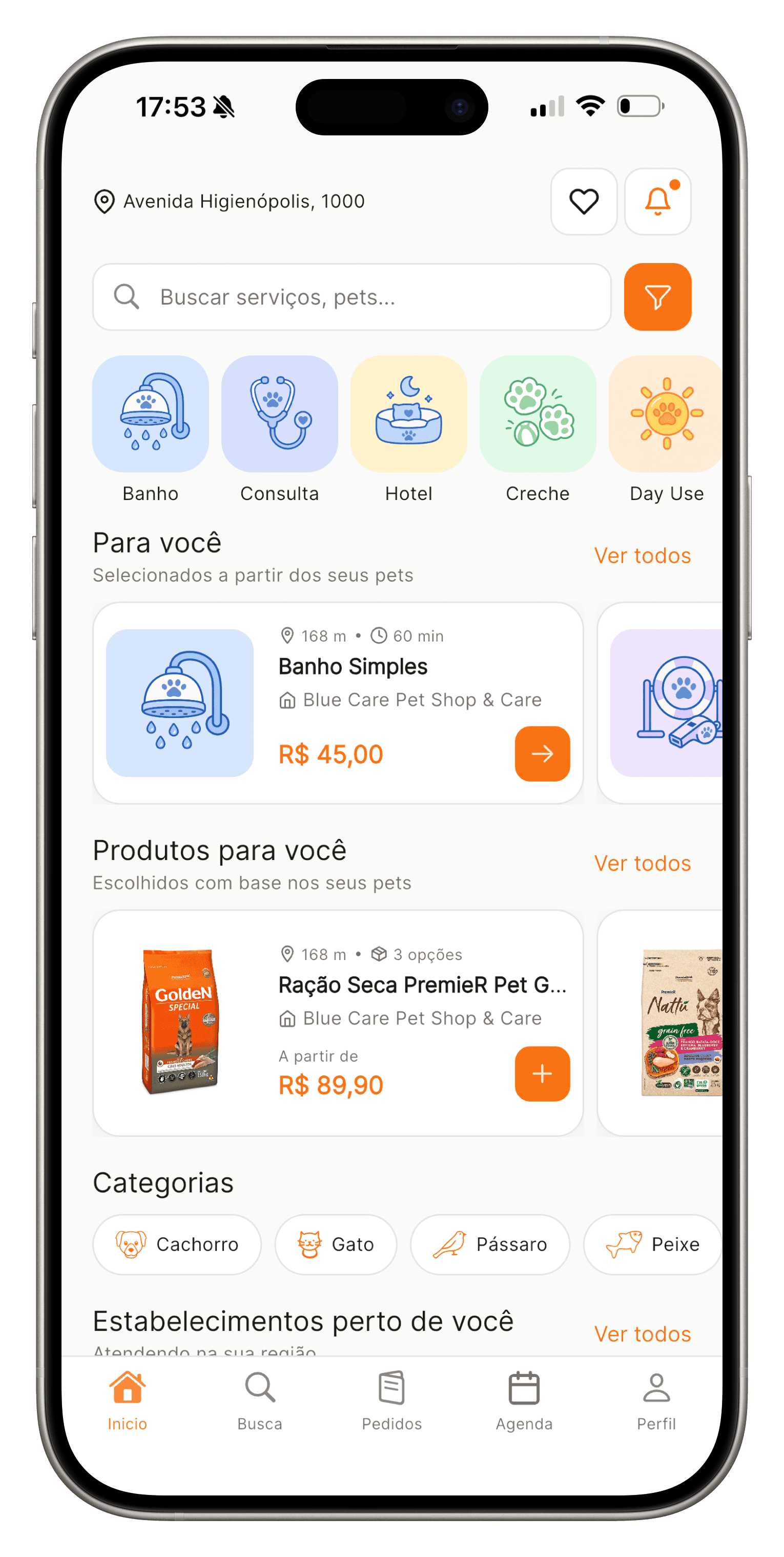 Tela inicial do app do tutor com busca, serviços e produtos recomendados
