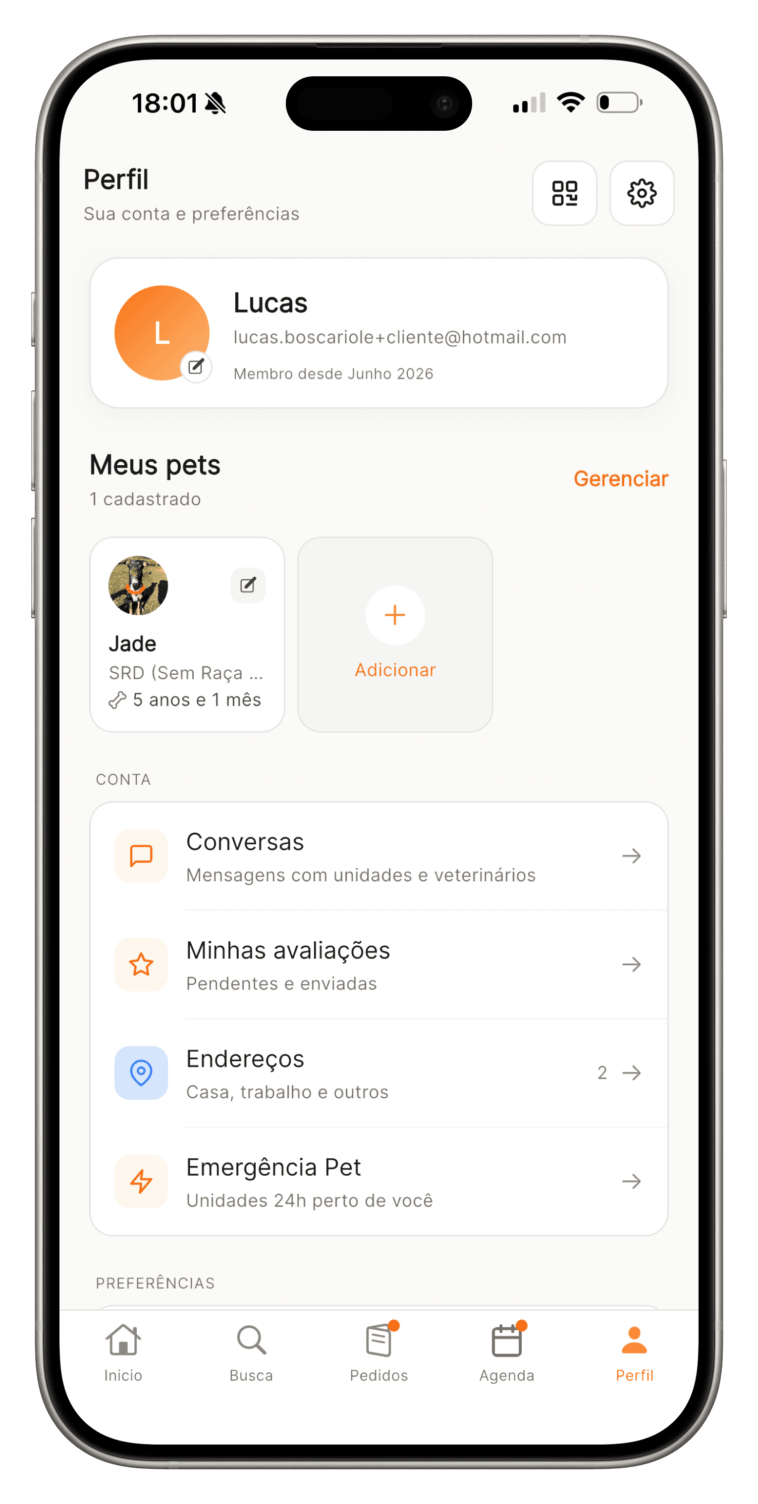 Tela de perfil do tutor com seus pets cadastrados e atalhos da conta