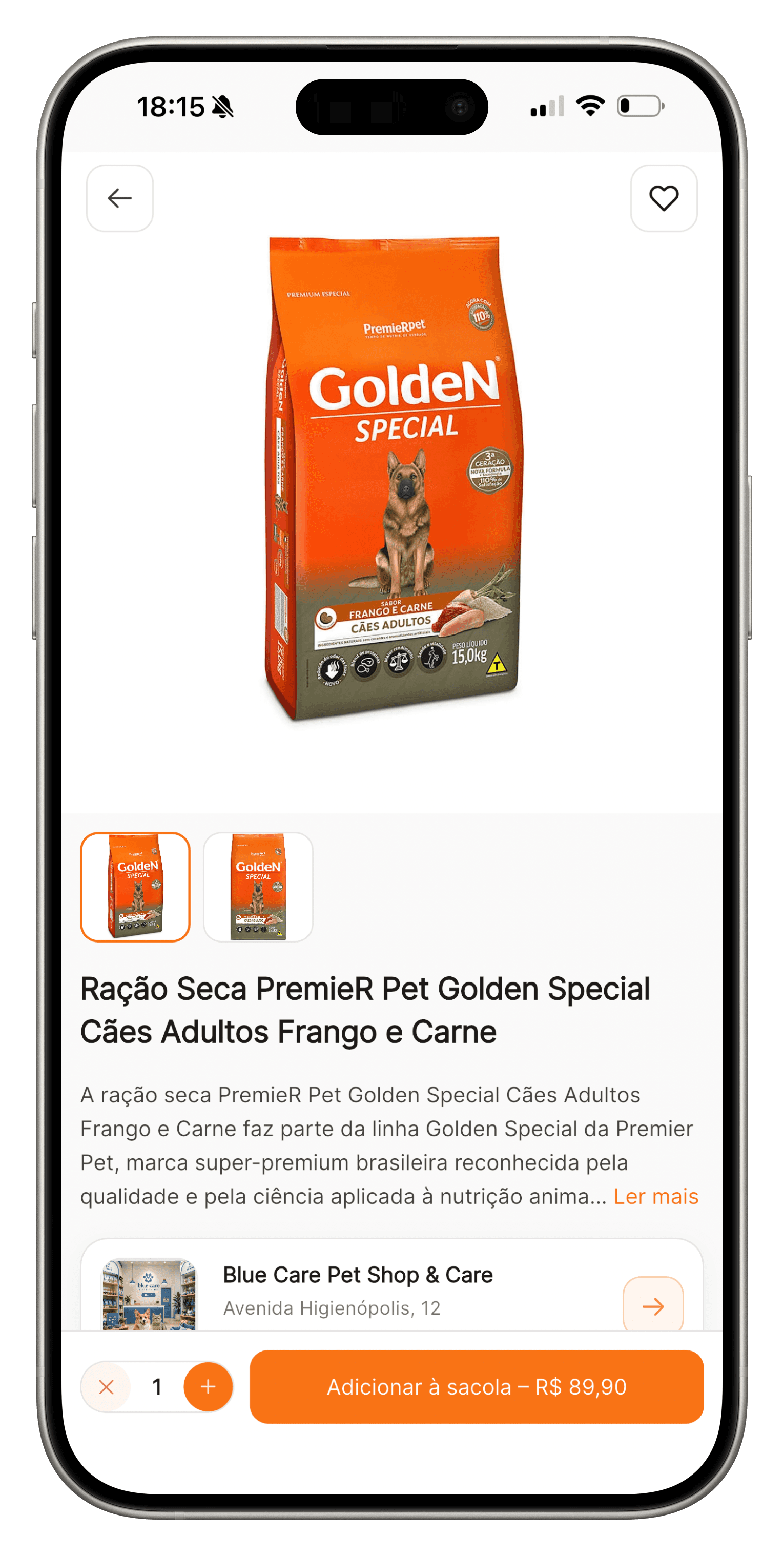 Tela de produto no app com fotos, descrição, preço e botão de compra
