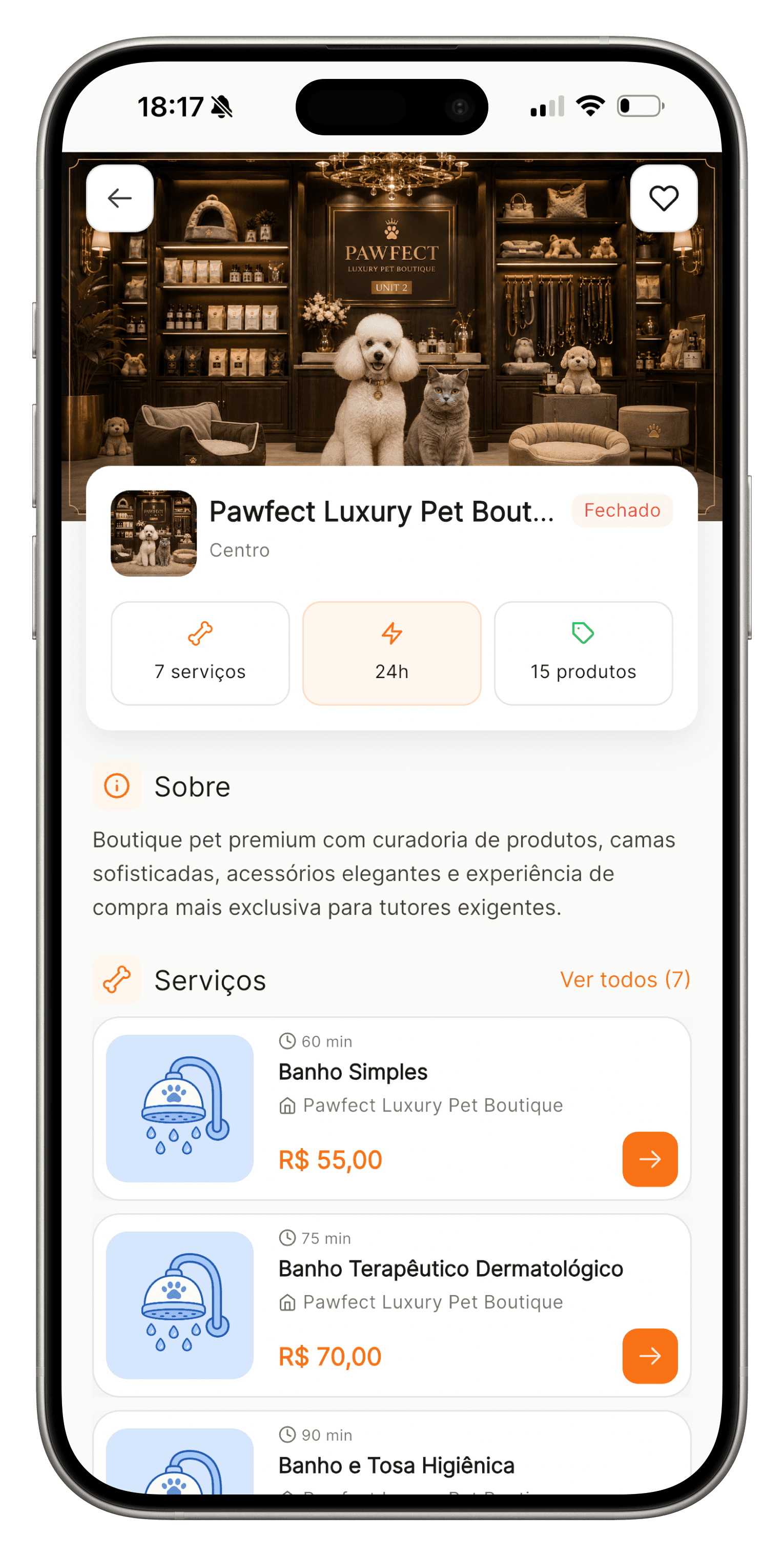 Página pública da unidade com capa, serviços e produtos para quem ainda não tem o app