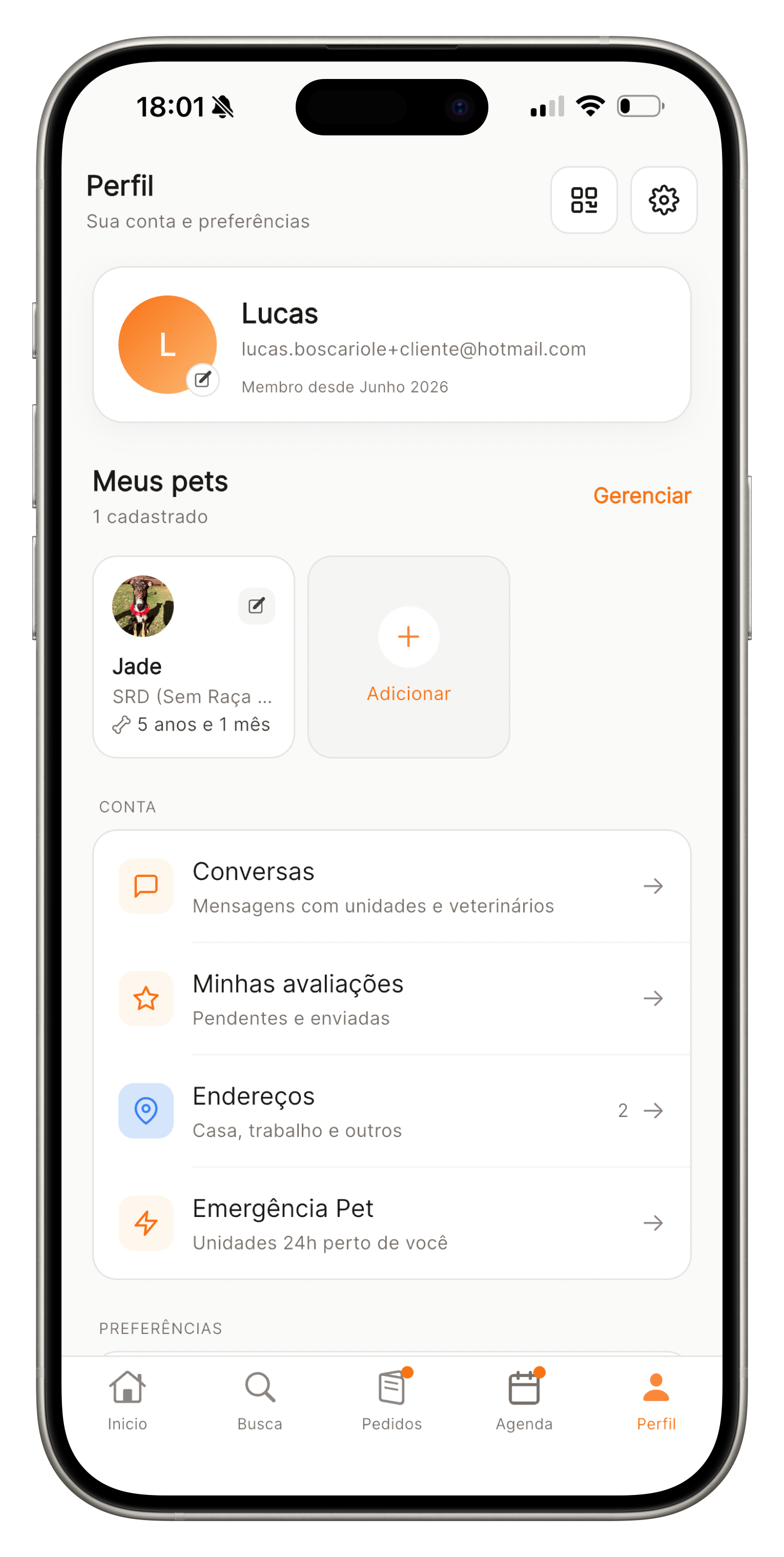 Tela de perfil do tutor com seus pets cadastrados e atalhos da conta
