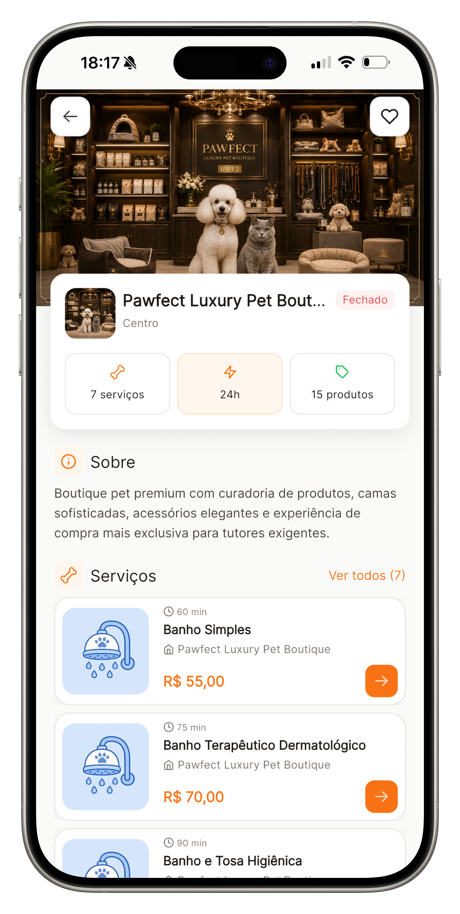 Página pública da unidade com capa, serviços e produtos para quem ainda não tem o app